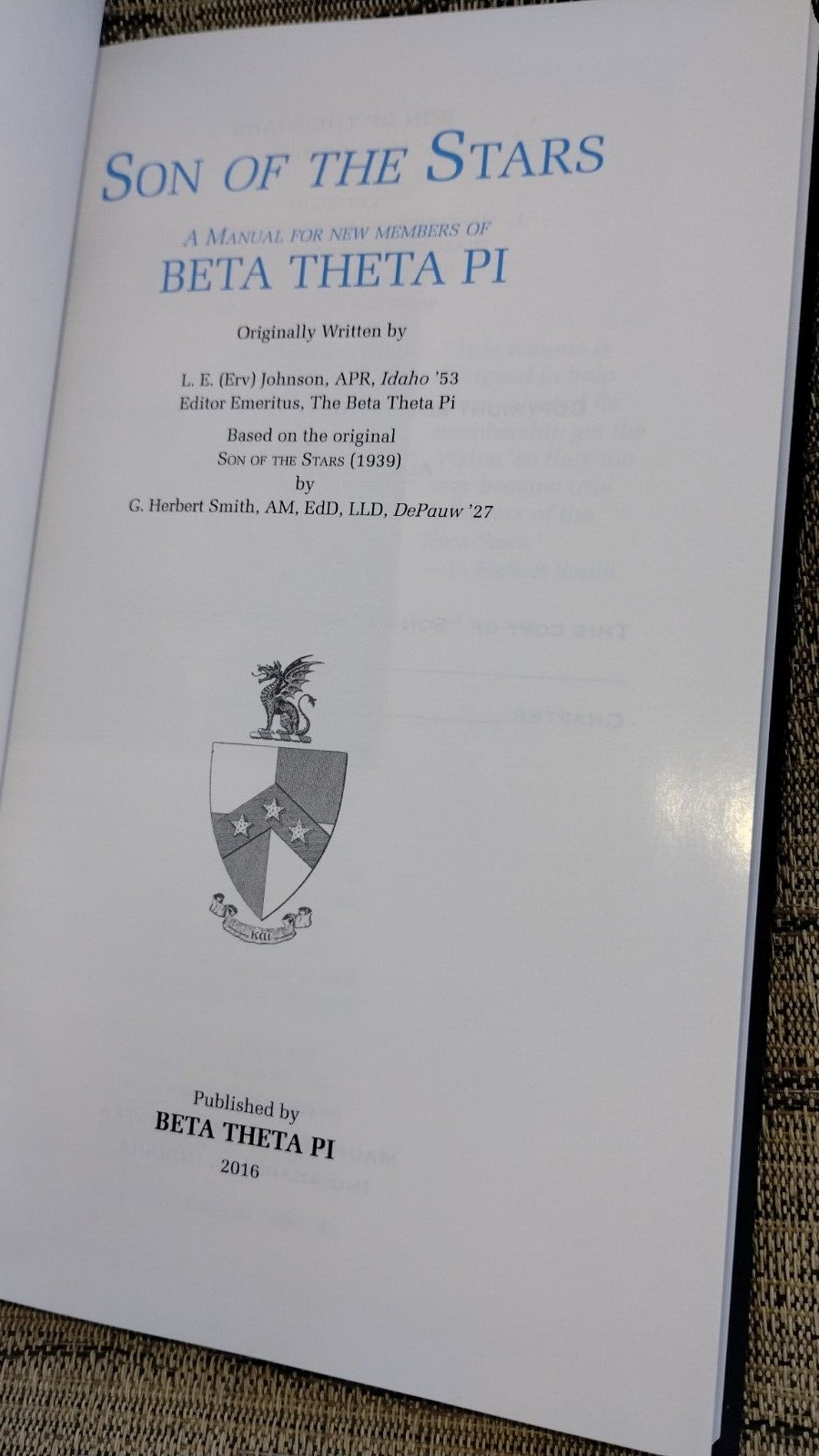 The Pledge Manual of Beta Theta Pi. Son of the Stars. 16th Edition. Hc Book 2016