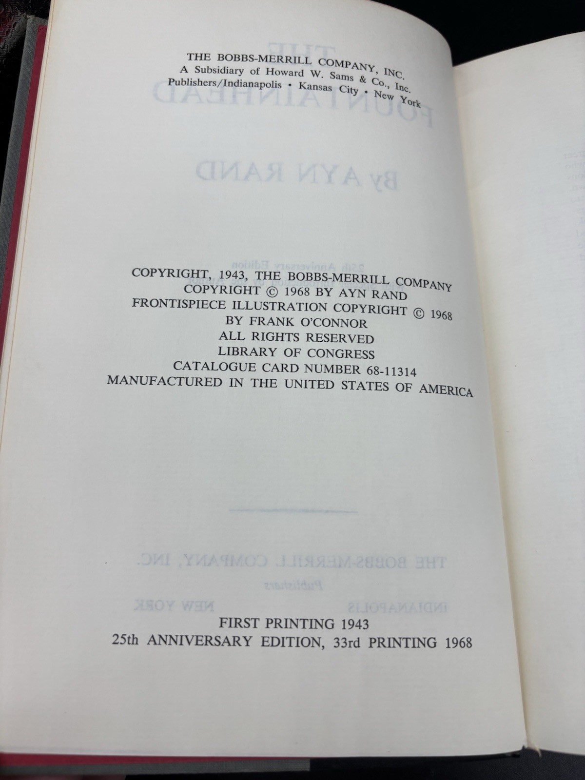 The Fountainhead by Ayn Rand 25th Anniversary Edition 1968 HC ~Intro By Ayn Rand