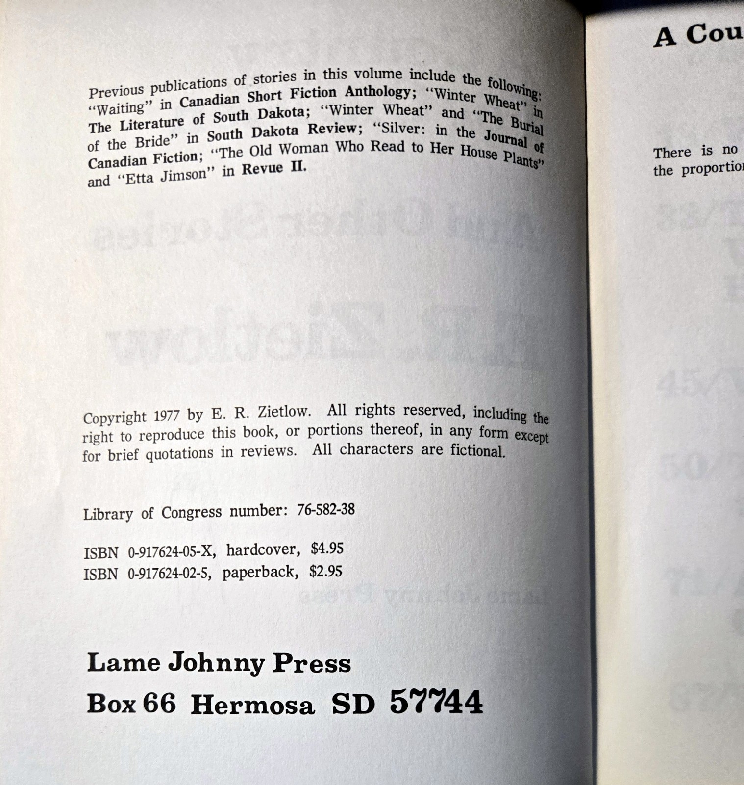 E. R. Zietlow’s “A COUNTRY FOR OLD MEN AND OTHER STORIES,” *RARE* 120-pages 1977