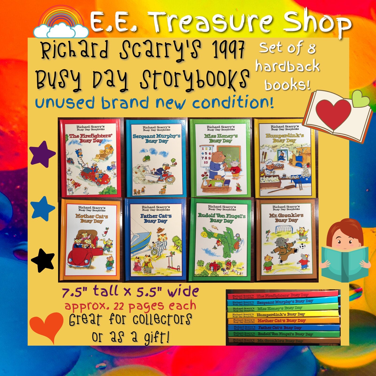 Richard Scarry Books, Set of 8, Vintage 1997, New Condition, Busy Day Storybooks