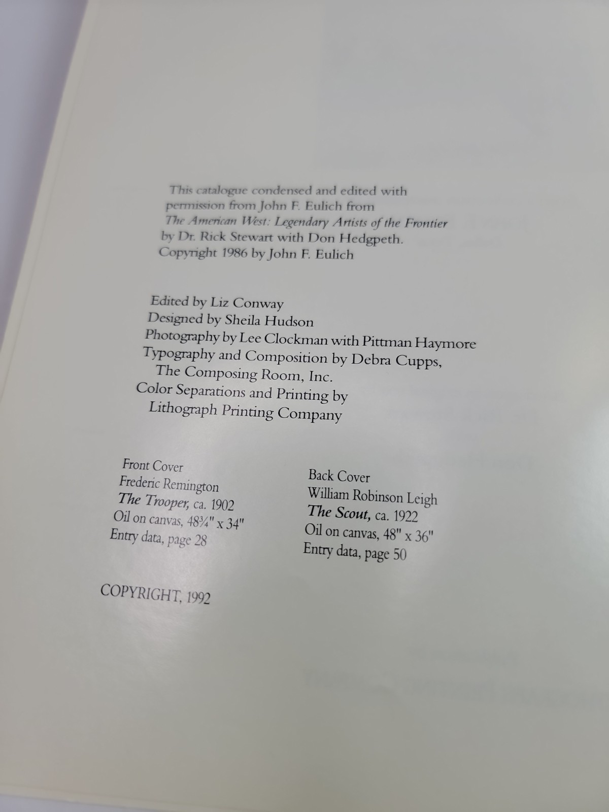 The American West Legendary Artists of the Frontier 1992 Western Art Catalog