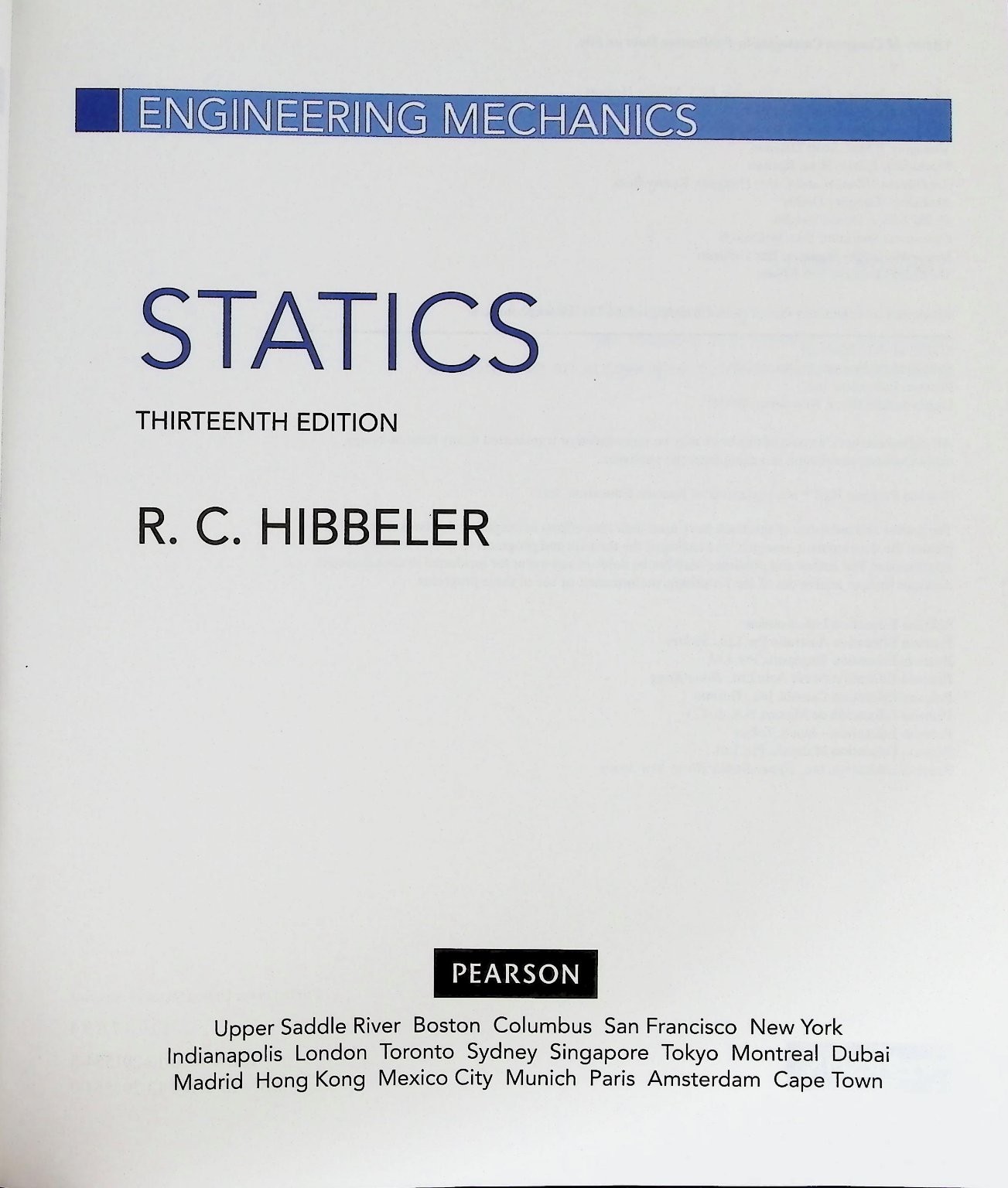 Engineering Mechanics Statics Hibbeler 2013 Thirteenth Edition Pearson Textbook