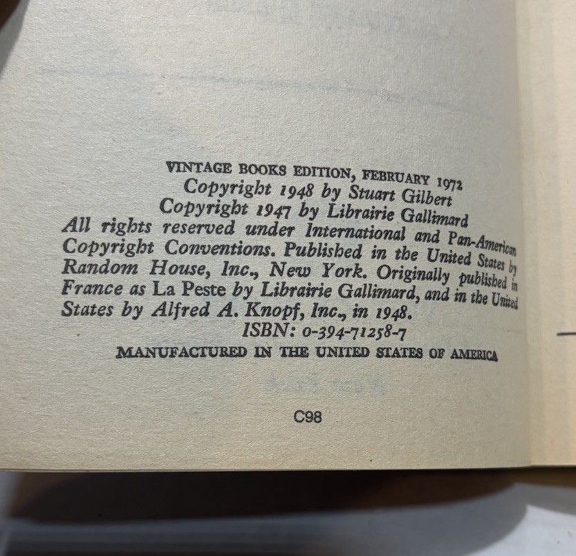 1972 1st Printing Vintage Books PB “THE PLAGUE” by Albert Camus