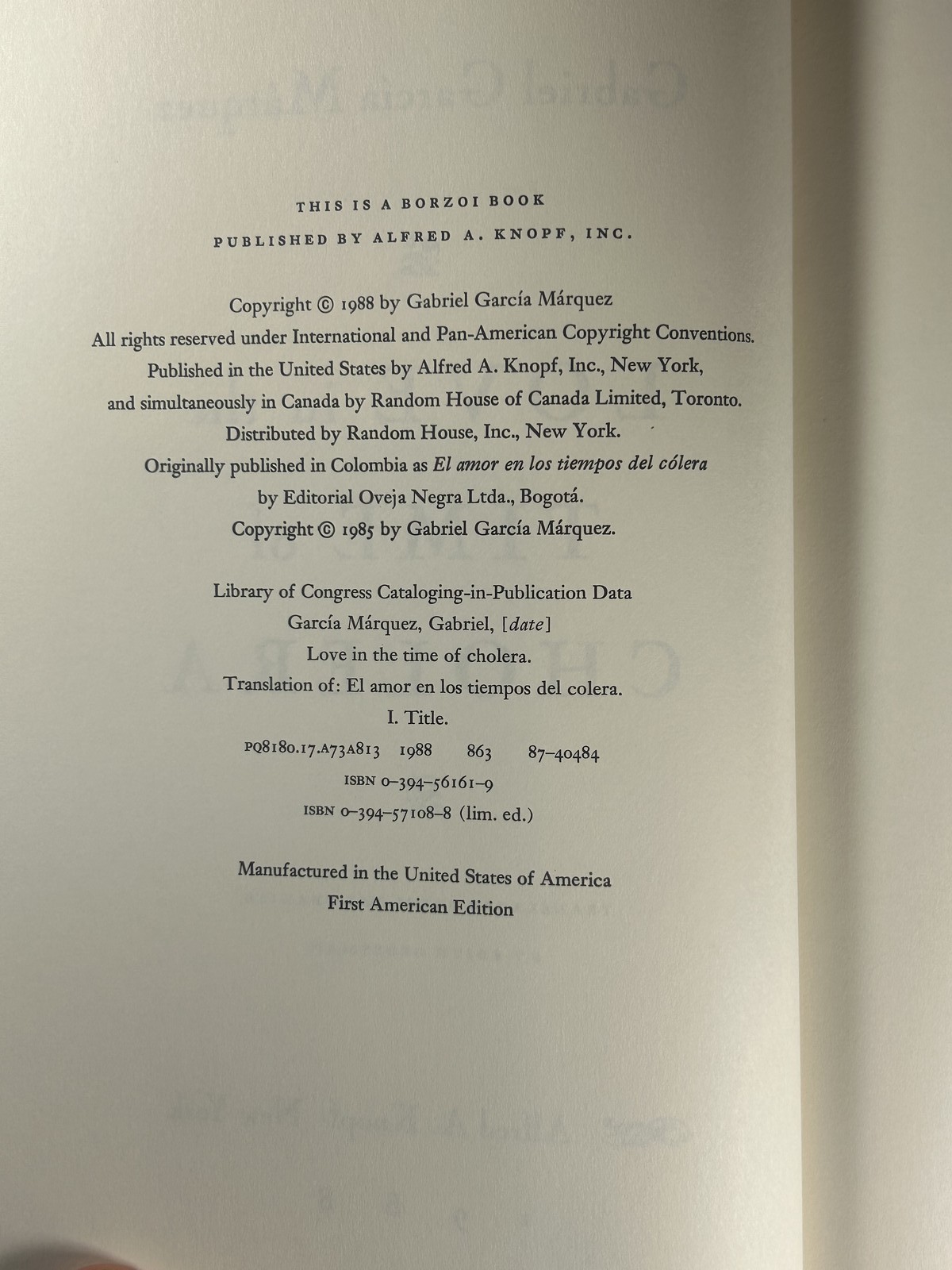 García Márquez LOVE IN THE TIME OF CHOLERA 1st American Ed 1988 Knopf DJ