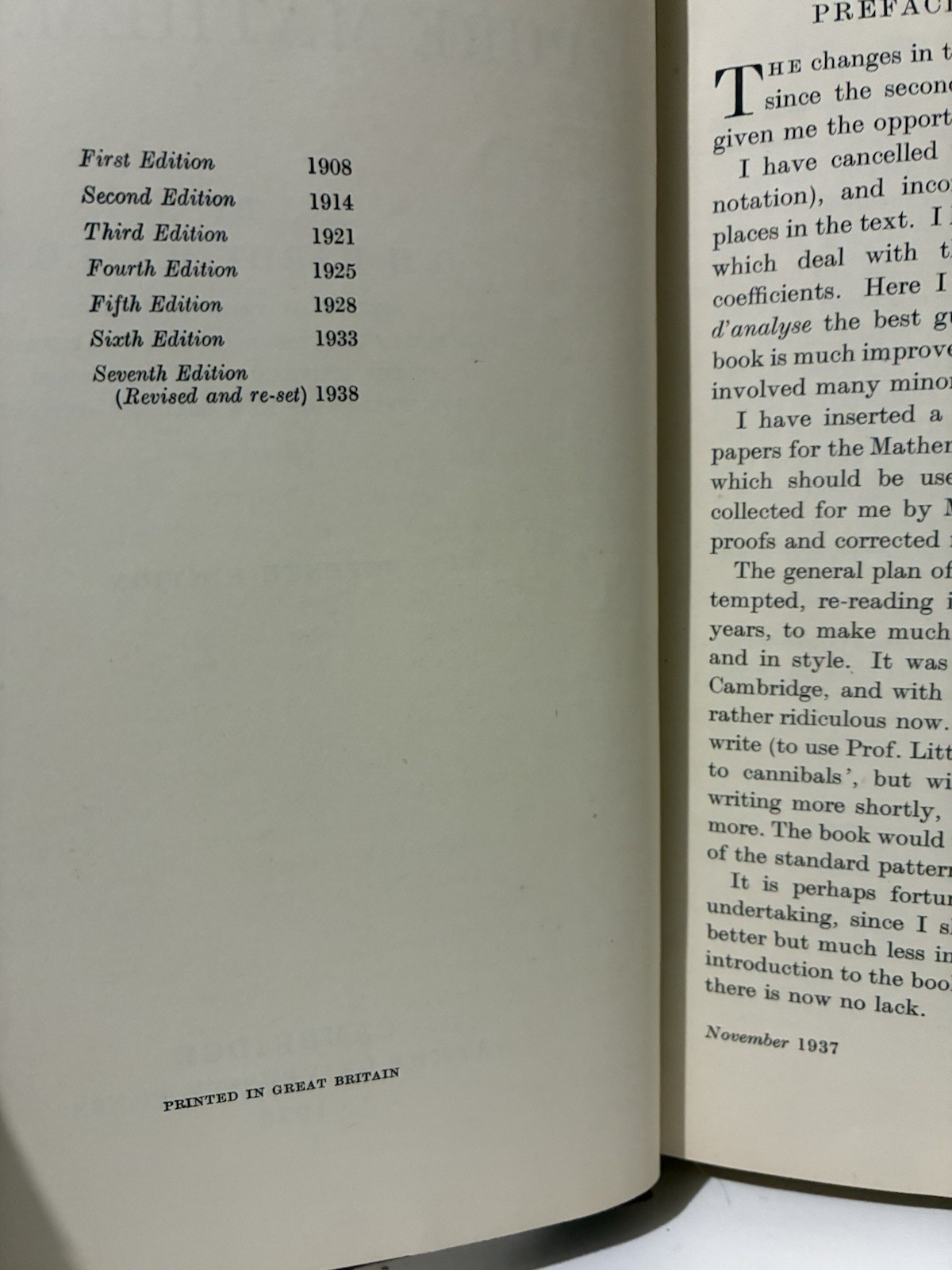 A Course of Pure Mathematics – G. H. Hardy 1938 – Hardcover