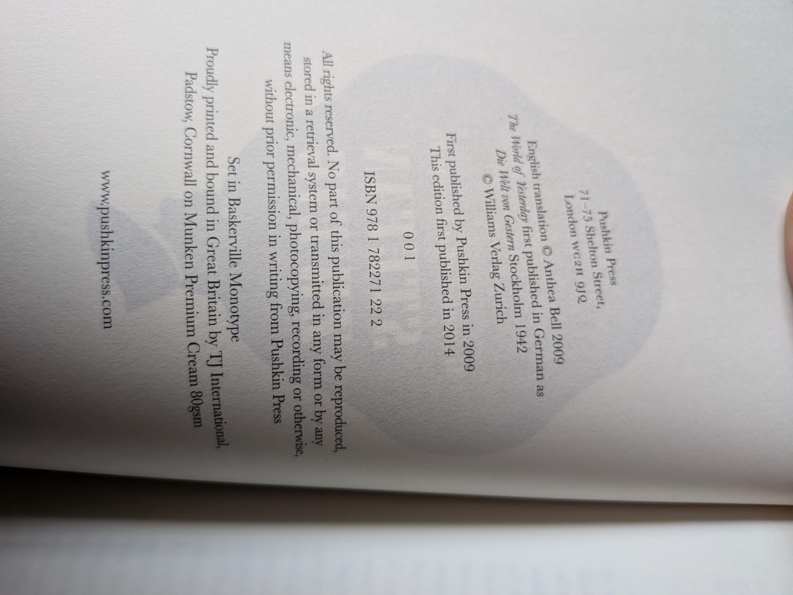 Stefan Zweig, The World of Yesterday: Memoirs of a European (Pushkin, 2014) HB