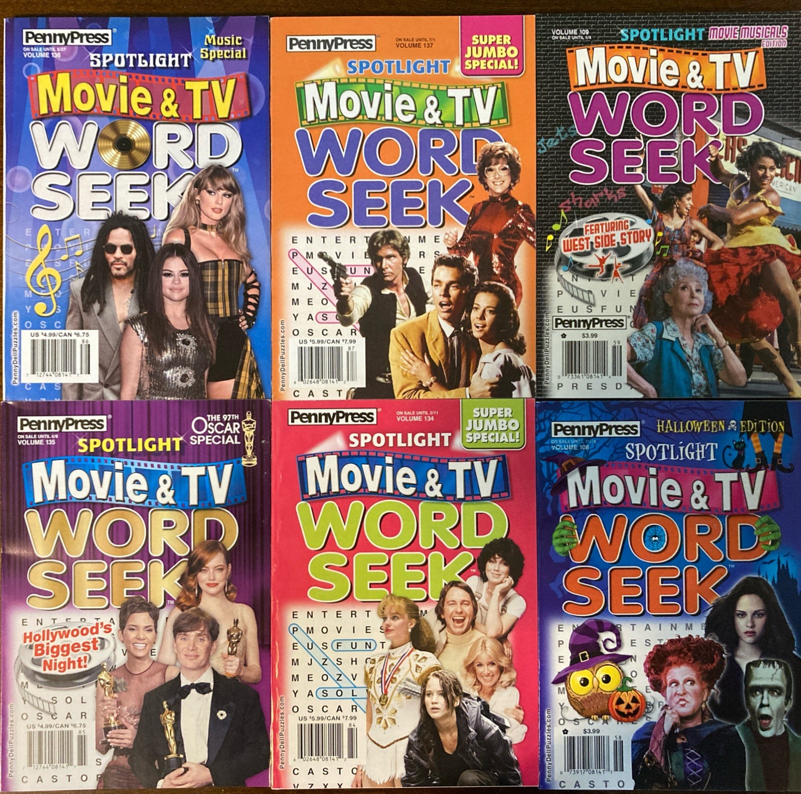 Lot of 6 Penny Press Word Search Puzzle Books Celebrity Movie TV Spotlight G34