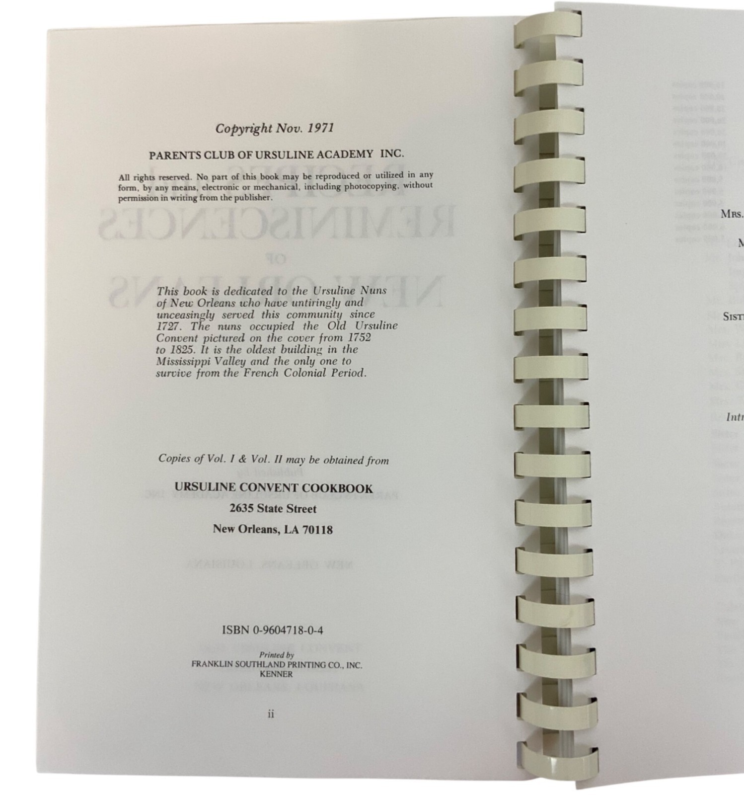 Recipes And Reminiscences Of New Orleans Cookbook Spiral Bound 1971 Southern