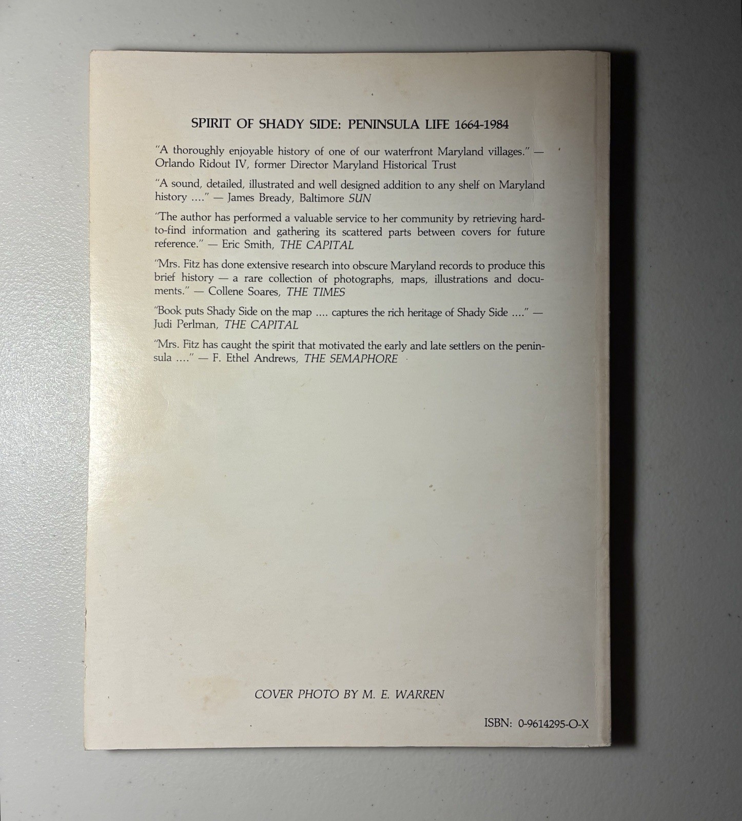 SPIRIT OF SHADY SIDE: PENINSULA LIFE, 1664-1984 By Virginia White Fitz 1st Ed