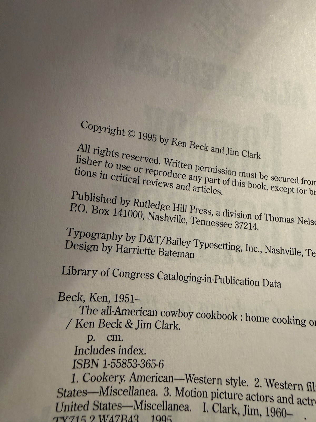 The All -American Cowboy Cookbook. Ken Beck/Jim Clark. 1995 Rutledge Hill Press