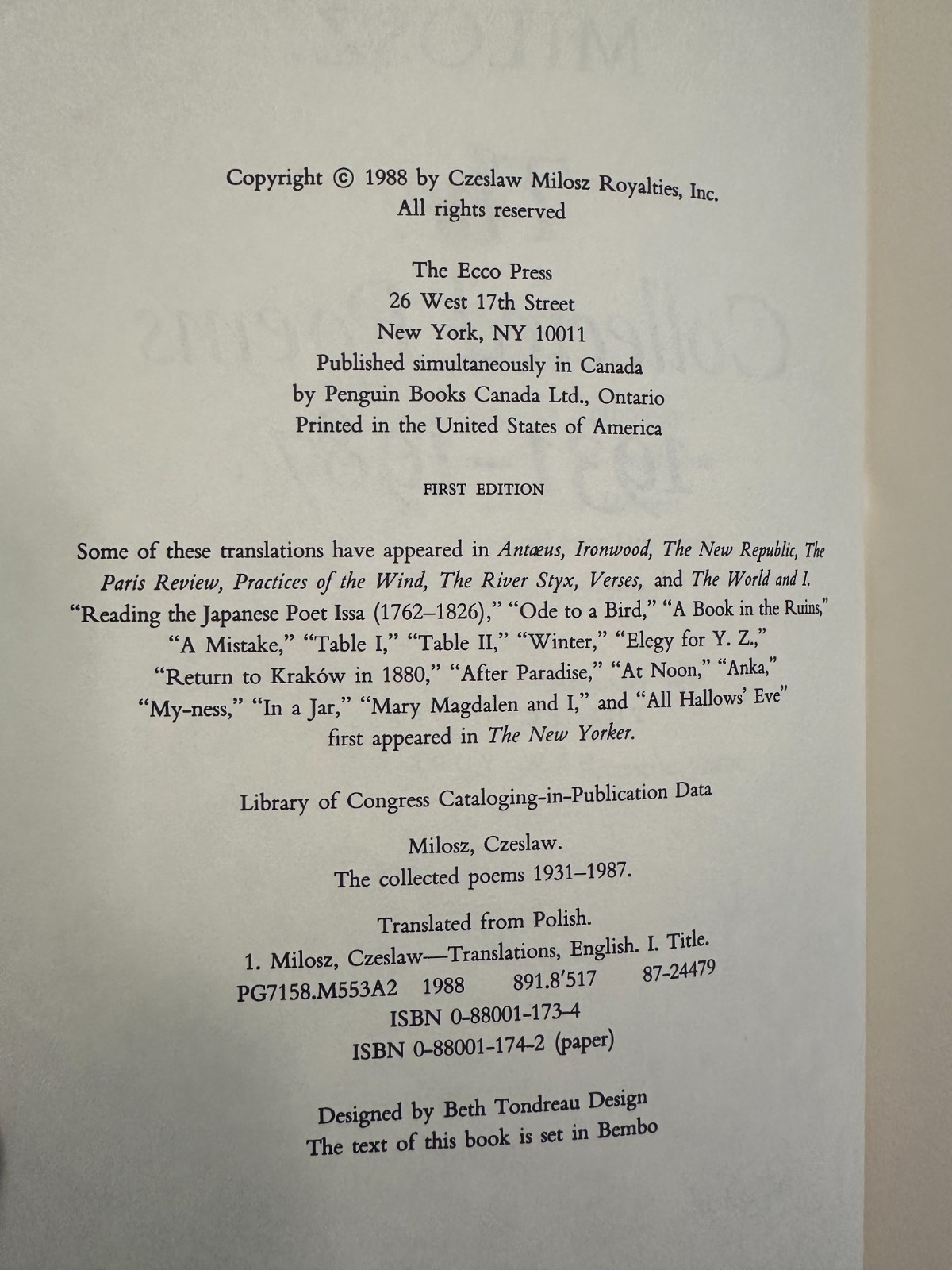 Collected Poems, 1931-1987 by Czeslaw Milosz 1988 HC/DJ FIRST EDITION EX-LIBRARY