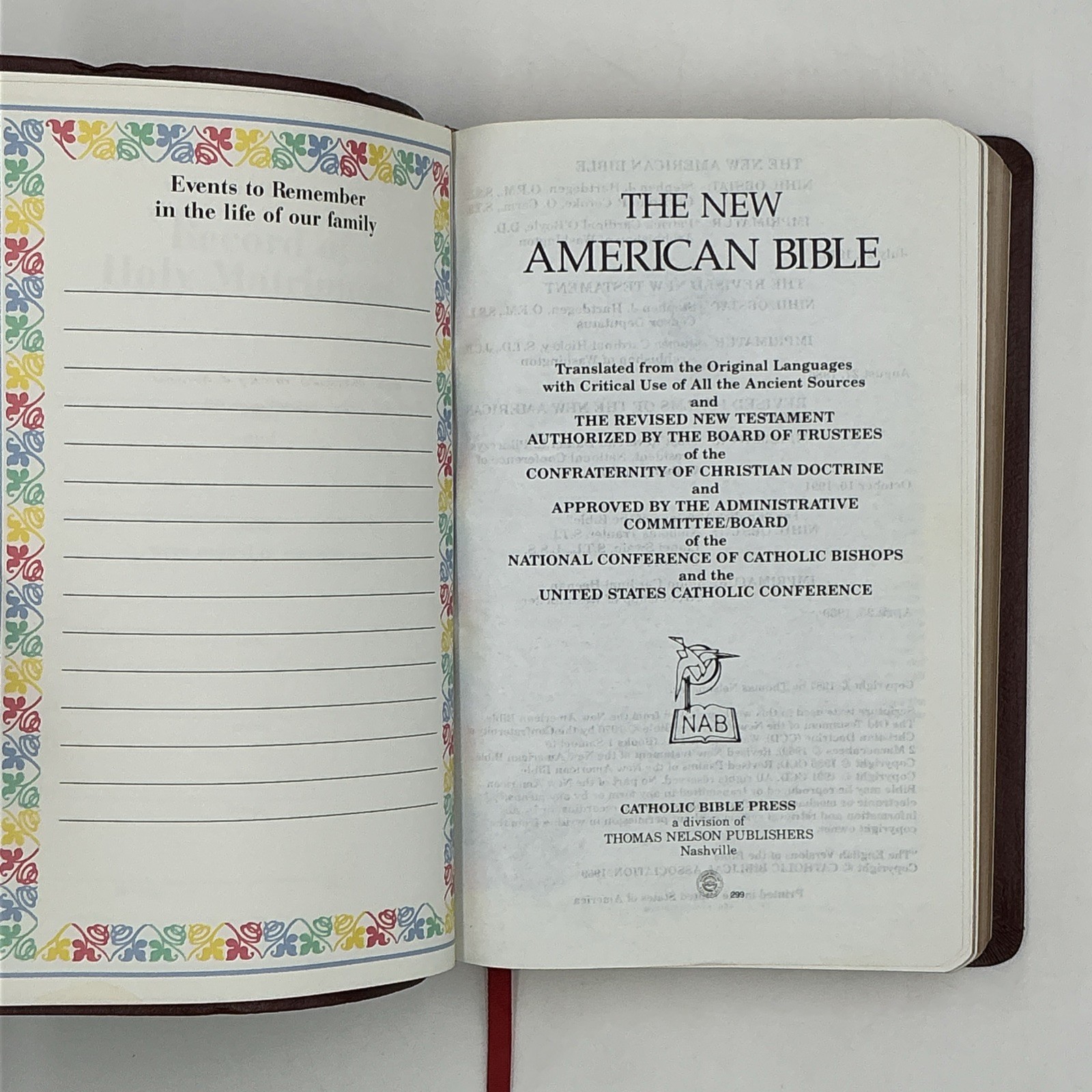 1987 New American Bible Holy Bible Catholic Bible Press 9055NBG Bonded Leather
