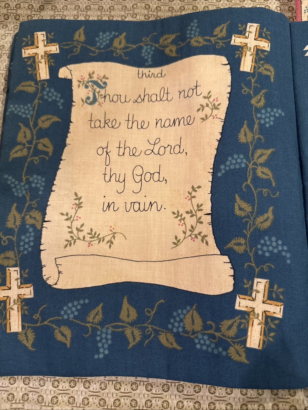 Vintage Cloth -Quilted 10 Commandments Book with Bookmark! 10 1/2 Inches Long