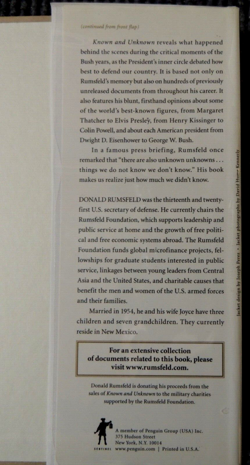 Known and Unknown A Memoir by Donald Rumsfeld 1st edition 1st printing SIGNED