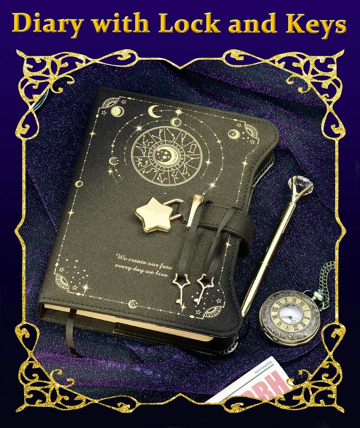 Faux Leather Diary with Star Lock – 360 Kraft Pages & Keepsake Pockets