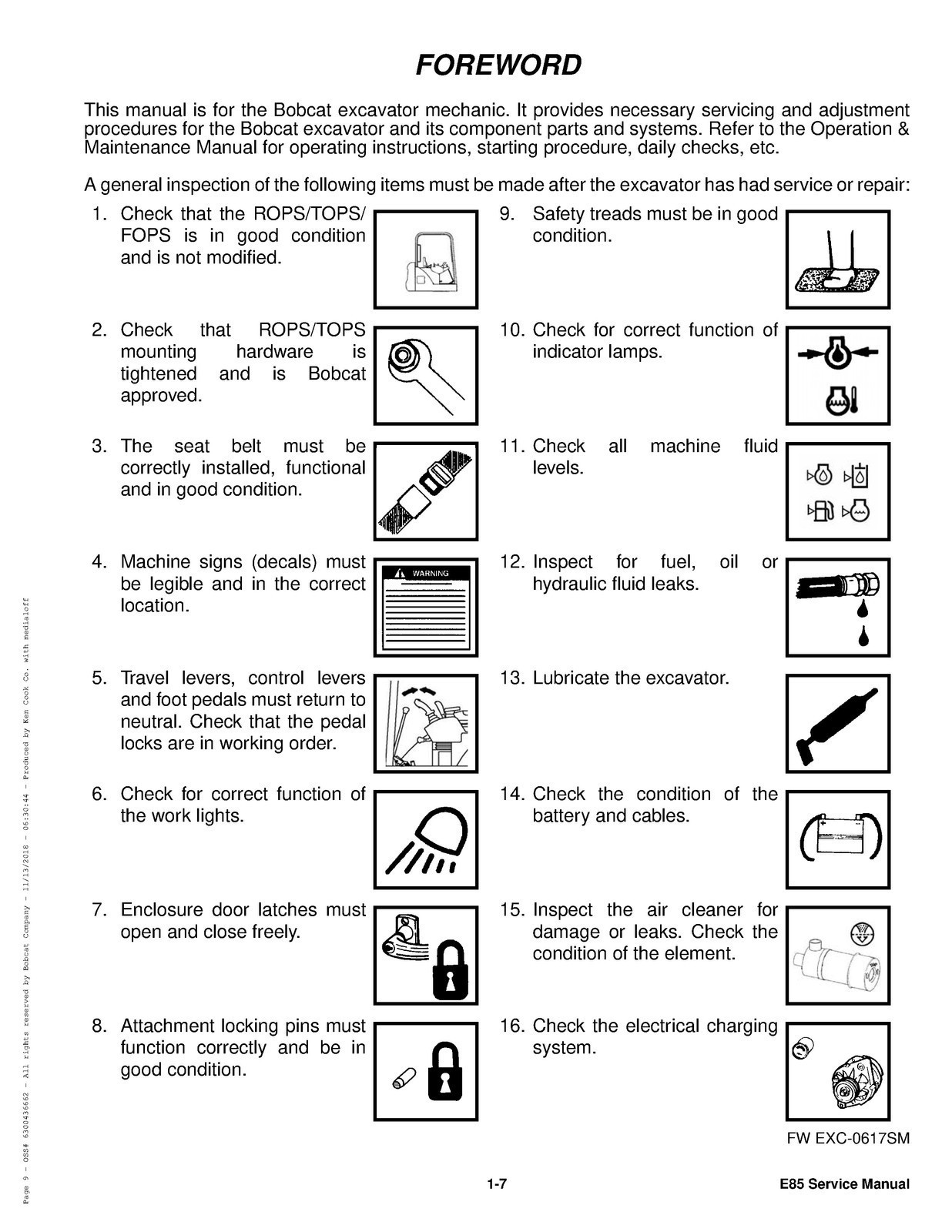 BOBCAT E85 Excavator Service Manual SN B48411001 Up, BIND, FRONT & BACK, FOLDOUT