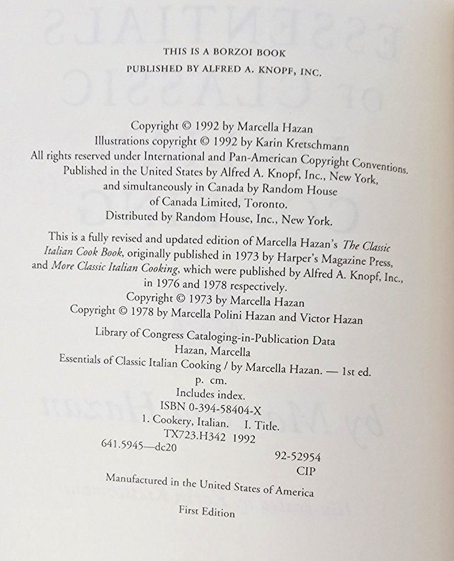 Marcella Hazan Essentials of Classic Italian Cooking 1992 HBDJ