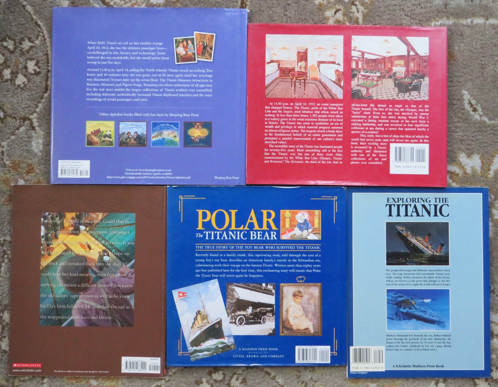 5 books Exploring the Titanic by Robert D. Ballard, T is for Titanic, Titanicat