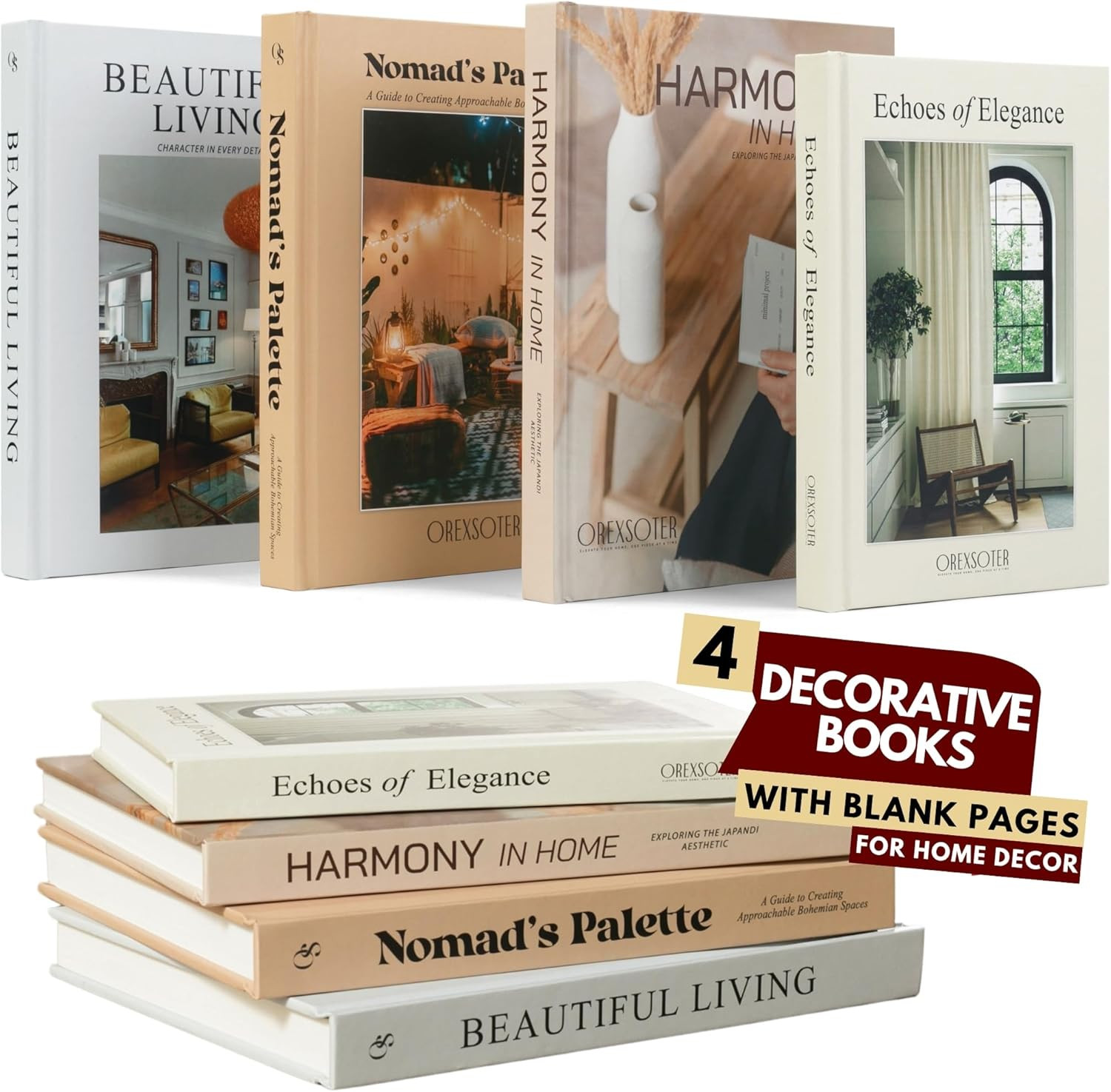 Decorative Books 4Pk Stackable Aesthetic Table Decoration Display Neutral Tones