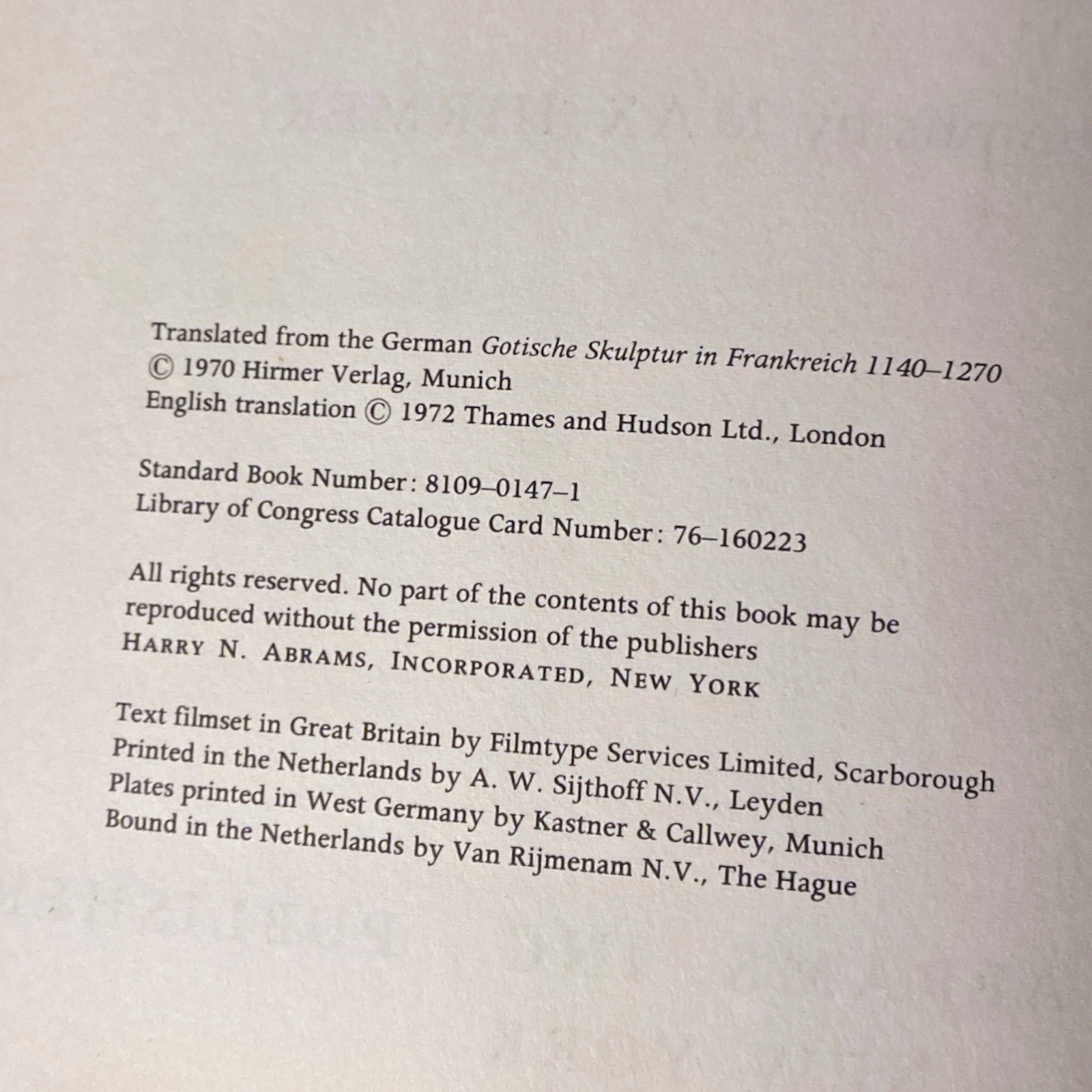 Gothic Sculpture In France 1140-1270 HC Hardcover 1972 Sauerlander Hirmer Abrams
