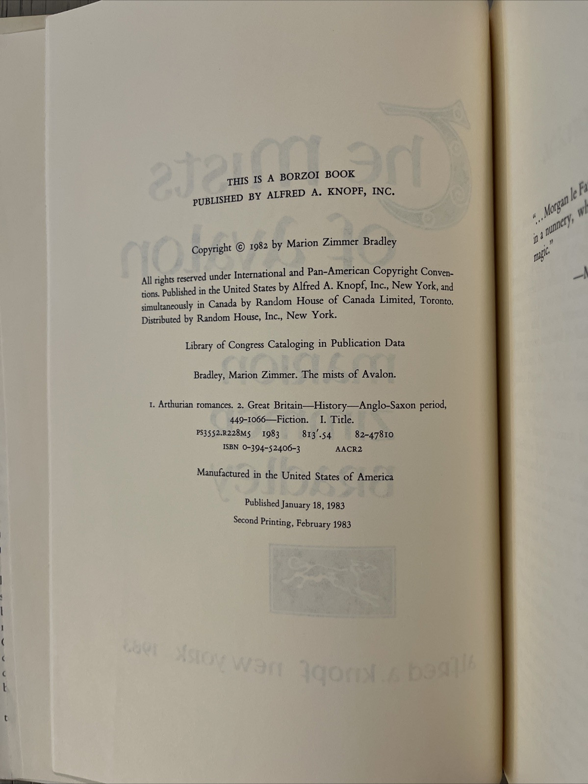 The Mists of Avalon by Marion Zimmer Bradley (1983) 1st Edition, 2nd Printing