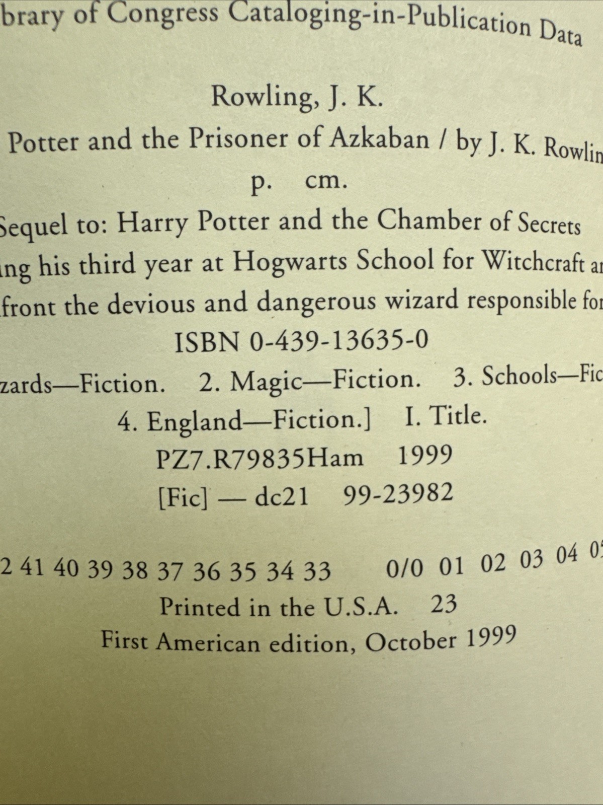 Harry Potter and the Prisoner of Azkaban J.K. Rowling First US Ed 1st Printing