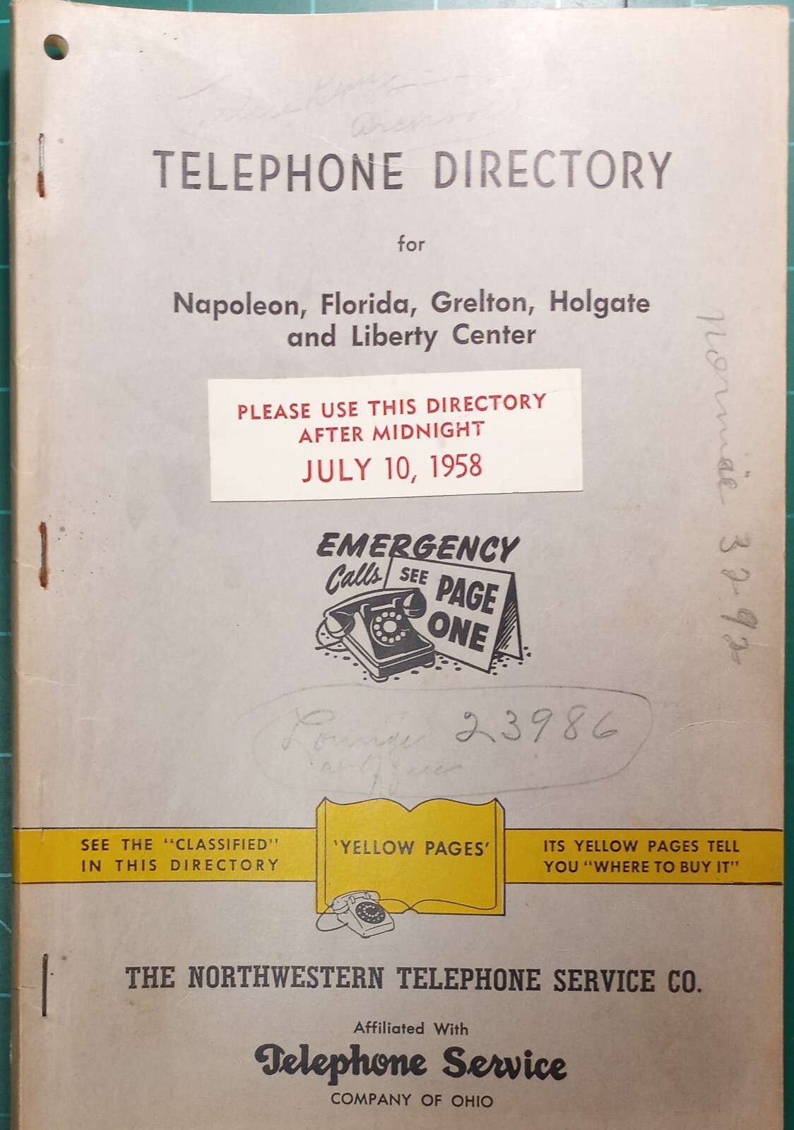 1958 Telephone Book Yellow Pages Napoleon Florida Grelton Holgate Liberty Center