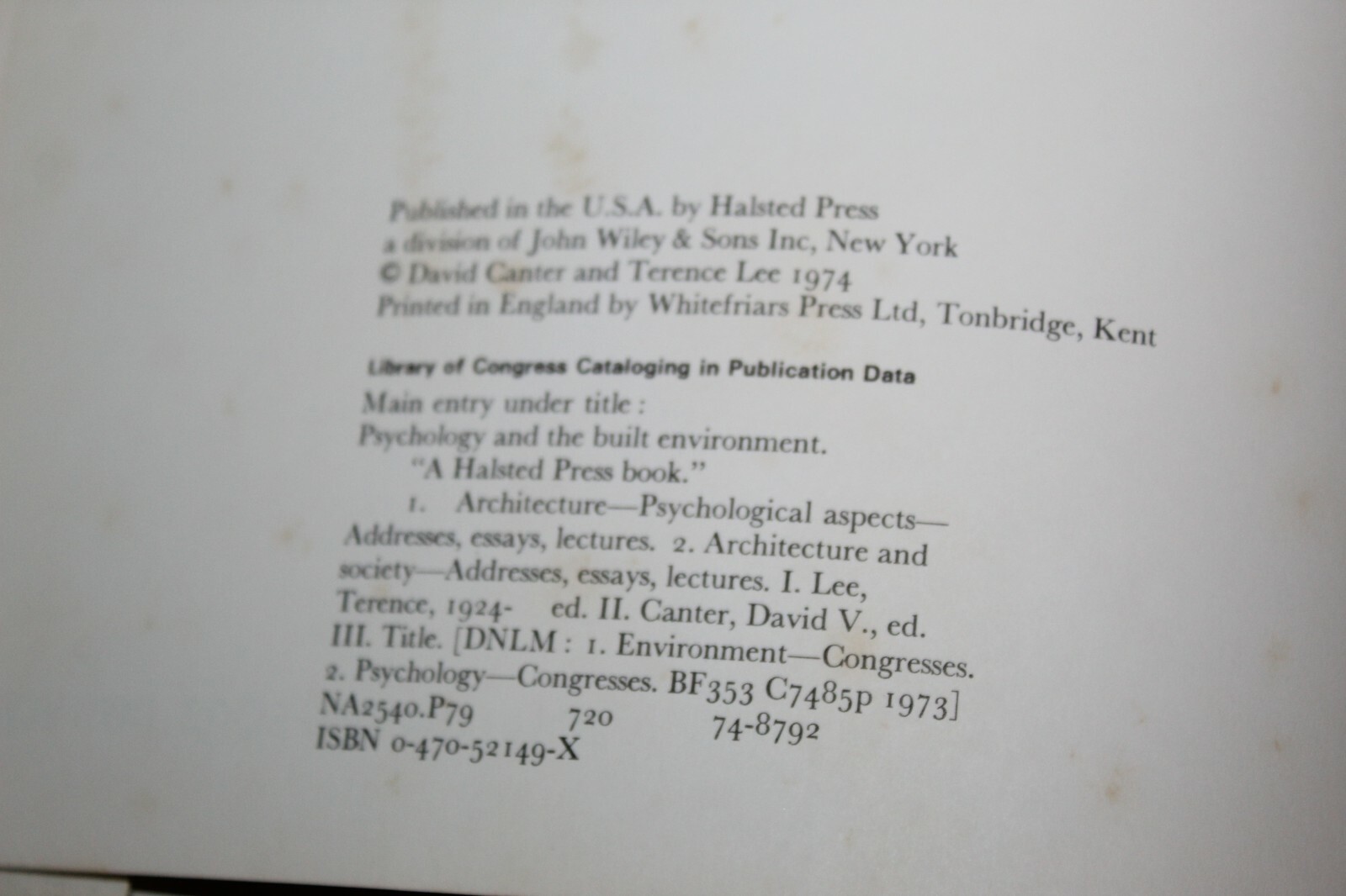 Psychology and The Built Environment By David Canter Terence Lee HC Book 1974