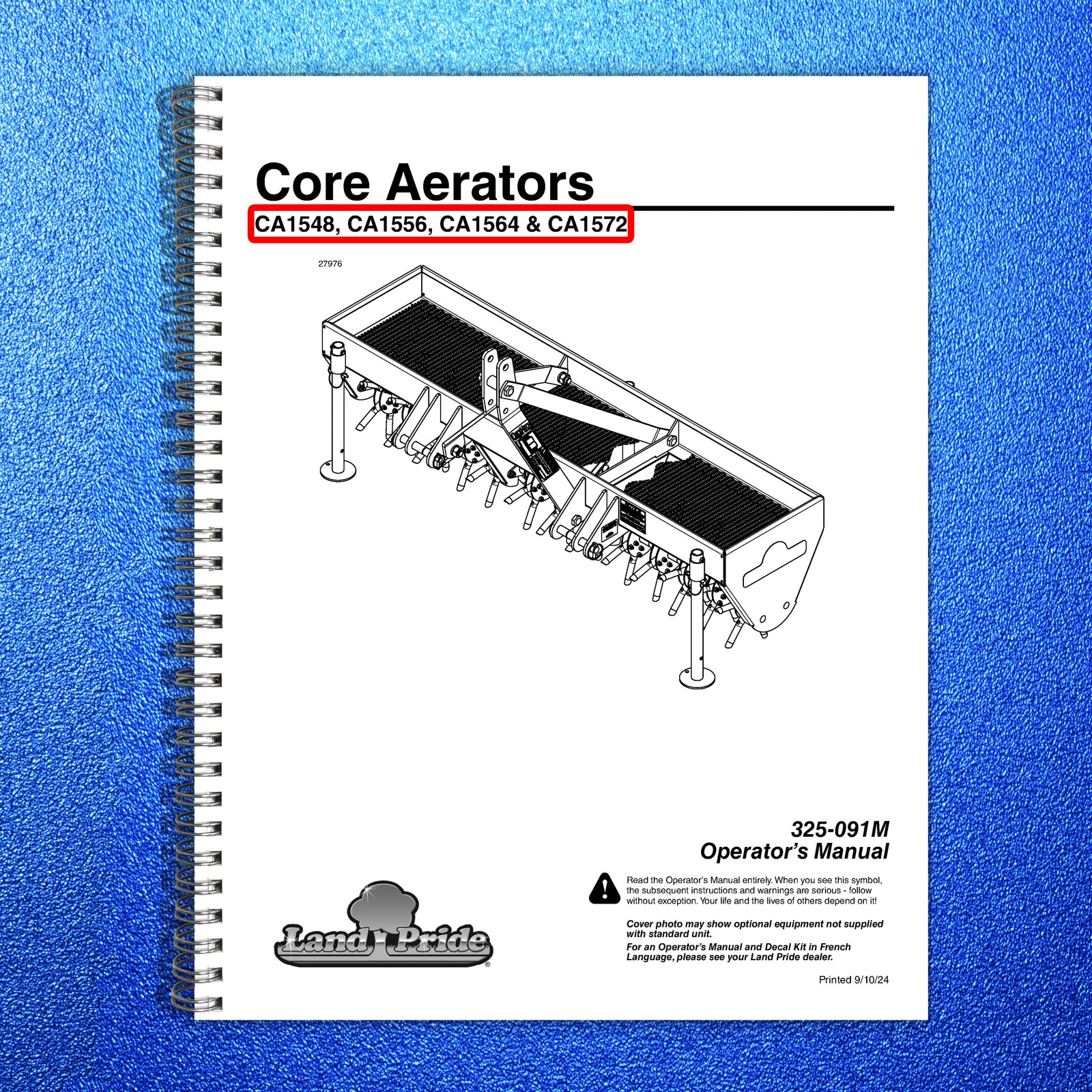 LAND PRIDE CA15 Series Core Aerators Operators Manual – WIRE BOUND – COVERS