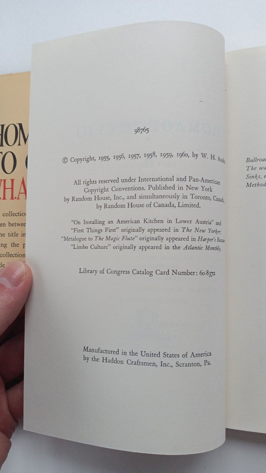 Homage to Clio (1st edition, later printing) by W. H. Auden (Random House, 1960)