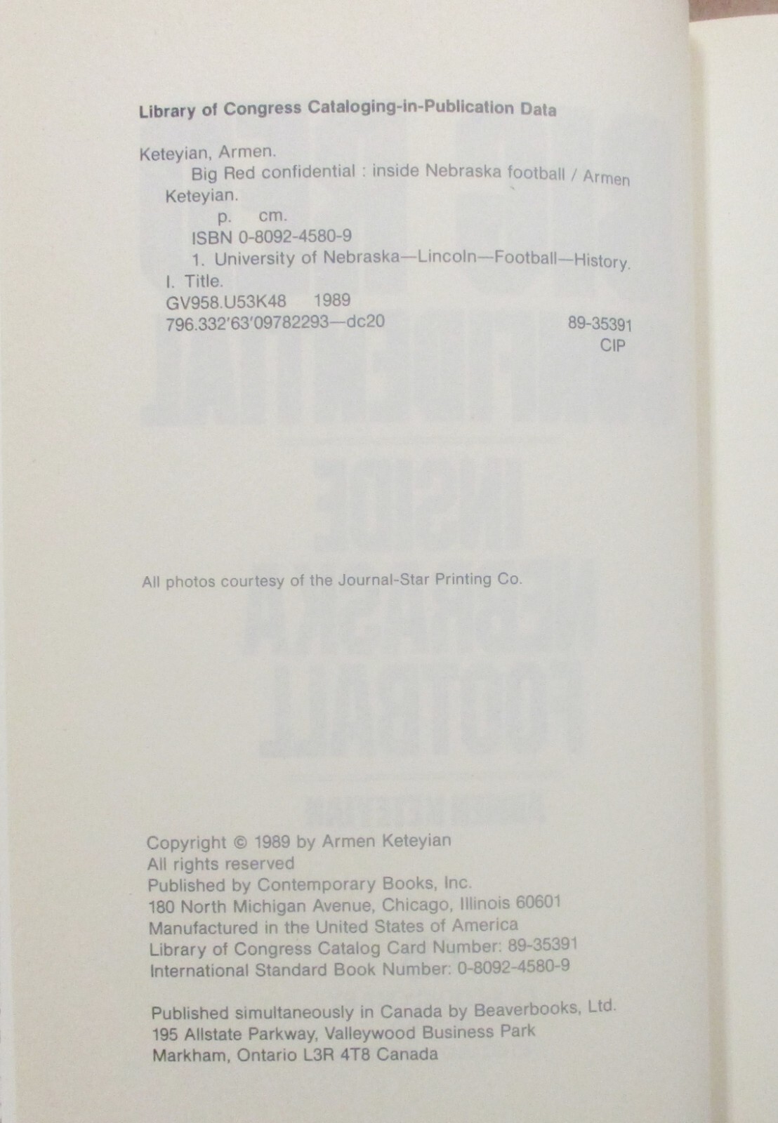 “Big Red Confidential” Inside Nebraska Football – Hardcover Book (1989)