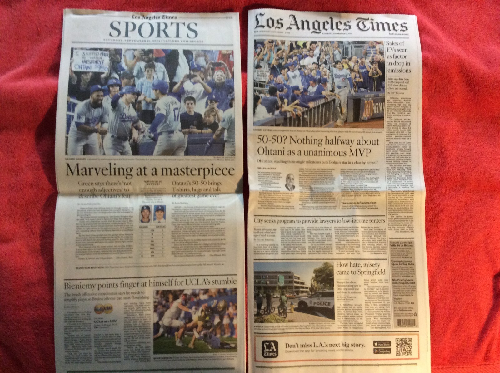 LOT OF 2 LA TIMES SPORTS FRONT PAGE SECTIONS DODGERS SHOHEI OHTANI 50-50
