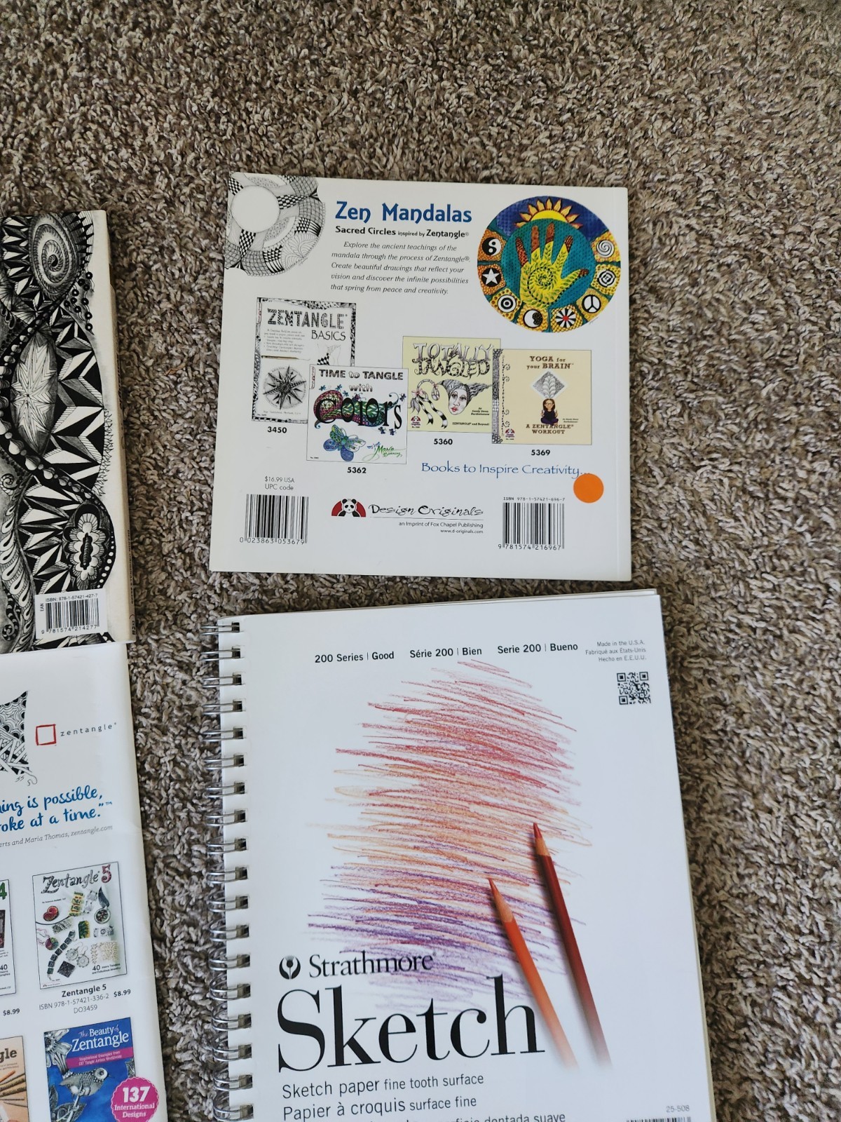 3 Zentangle Coloring Work books. 2 Sketch Books, 30 Color Dual Brush Pens
