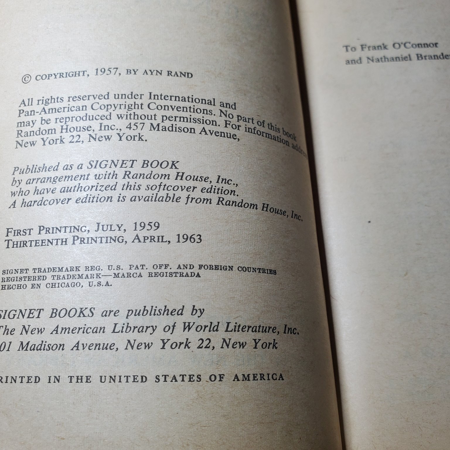 Atlas Shrugged Ayn Rand 1963 Thirteenth Printing Paperback Signet Book