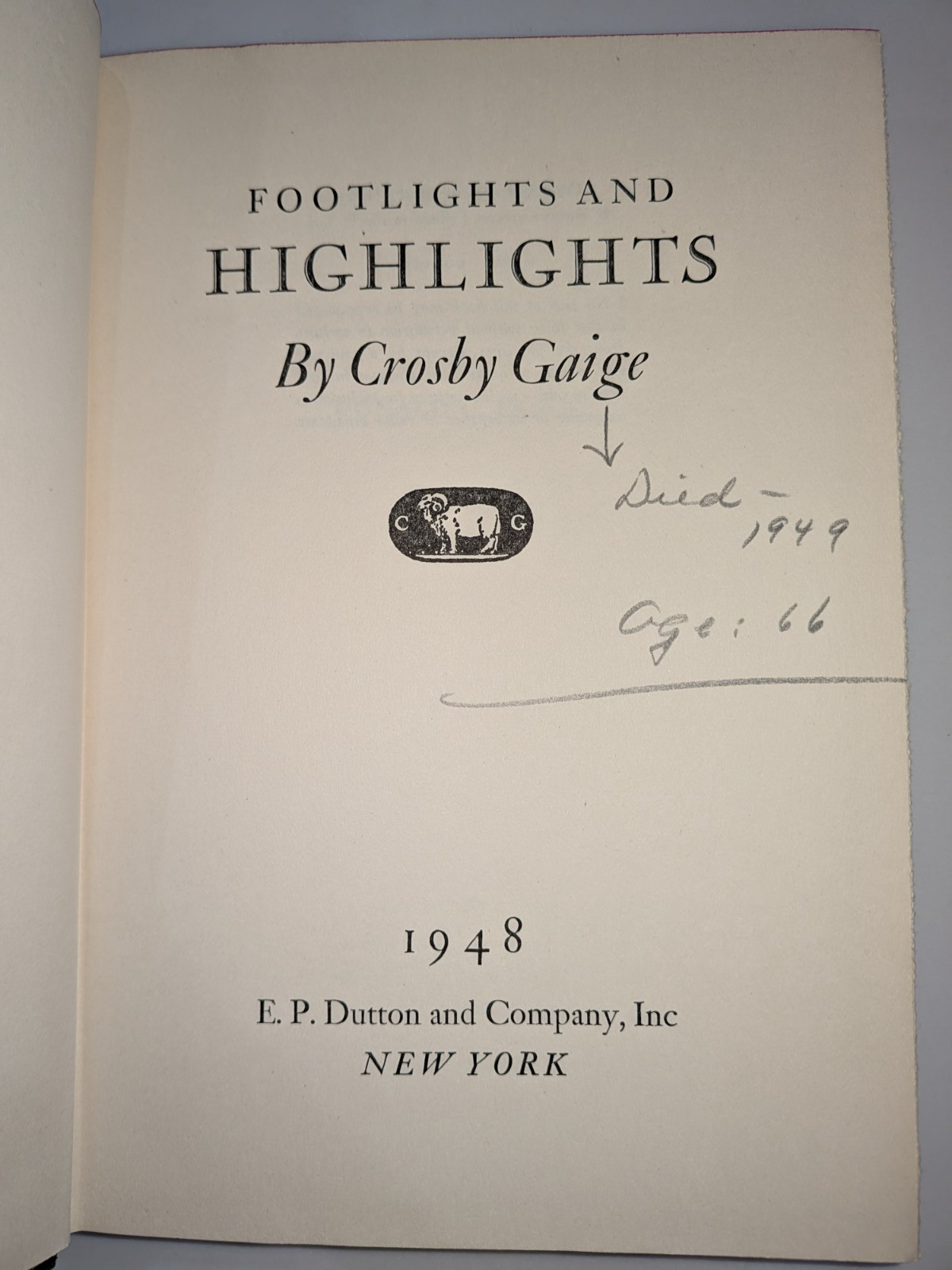 Footlights and Highlights – Crosby Gaige | 1948 | 1st Ed | HC, DJ – SCARCE