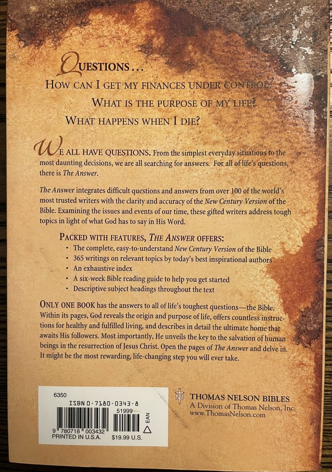 The Answer Holy Bible New Century Version THOMAS NELSON Study Bible Faith:VG