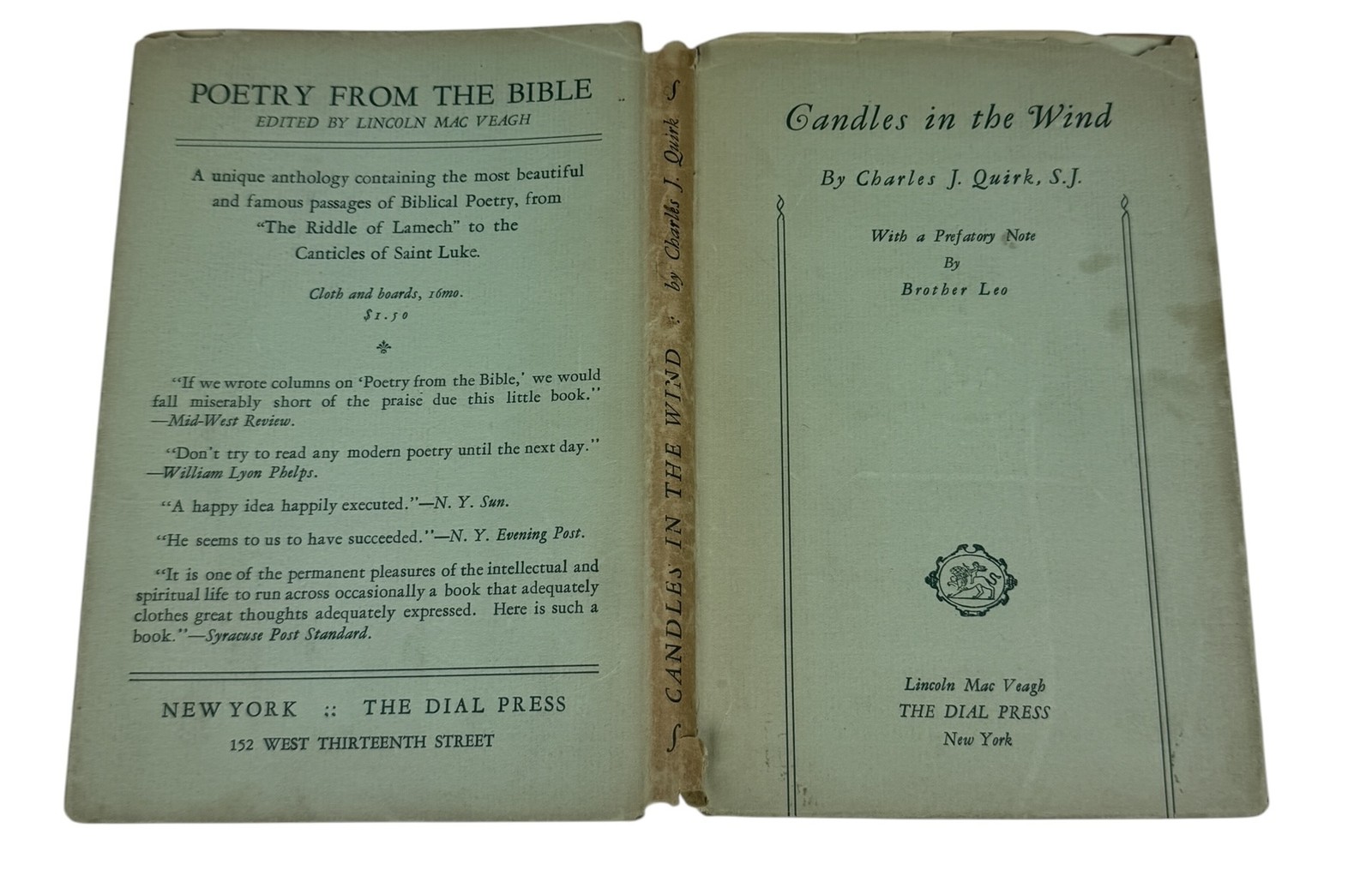 Candles in the Wind by Charles J. Quirk S.J. 1931 Poetry Book The Dial Press