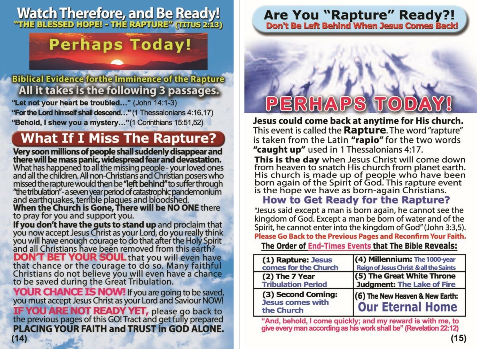 BIBLE, GOSPEL TRACTS: The Rapture, Pack of 32 units in 2 Covers, 16 Pages Each