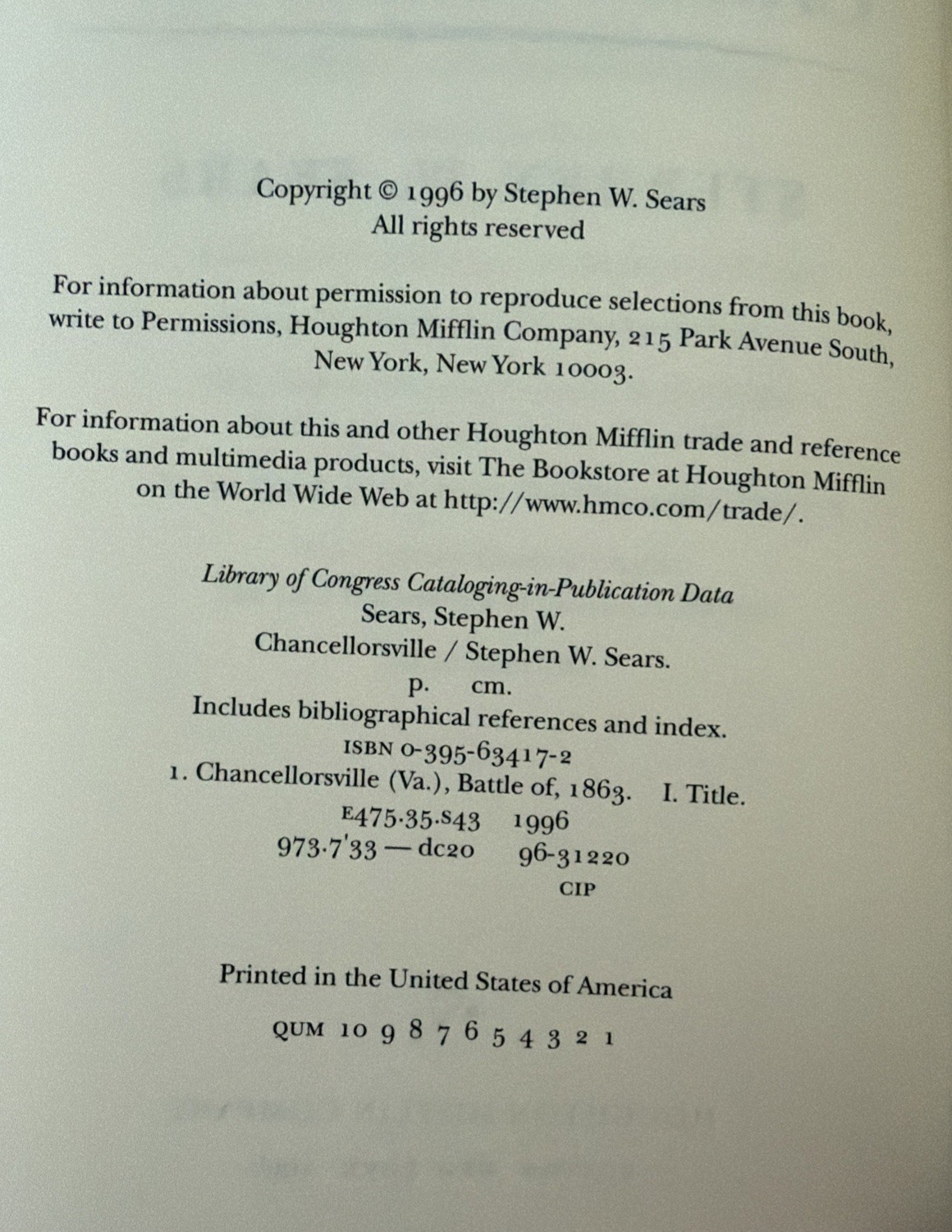 Stephen W. Sears Chancellorsville First Edition 1st Printing HCDJ