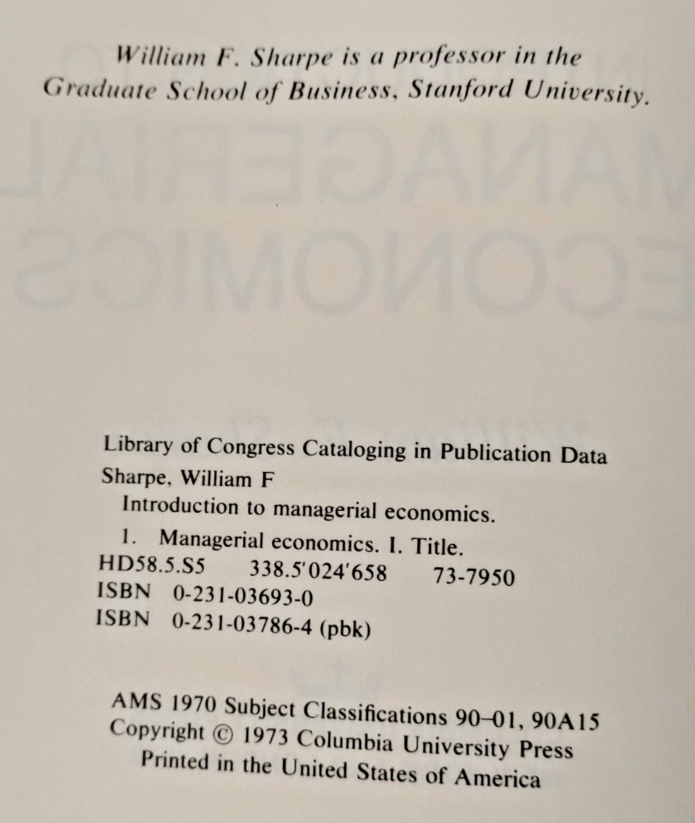 Introduction To Managerial Economics By William Sharpe HC 1973