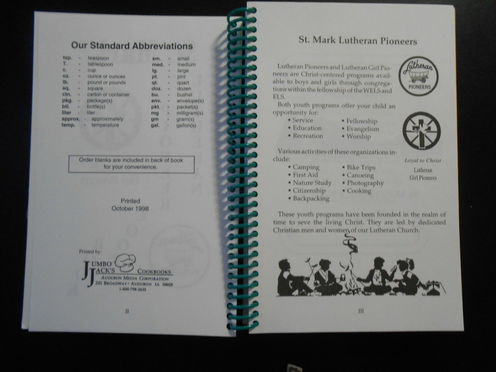 St. Mark Lutheran Pioneer Cook Book  October 1998 Green Bay Wisconsin  198 pages