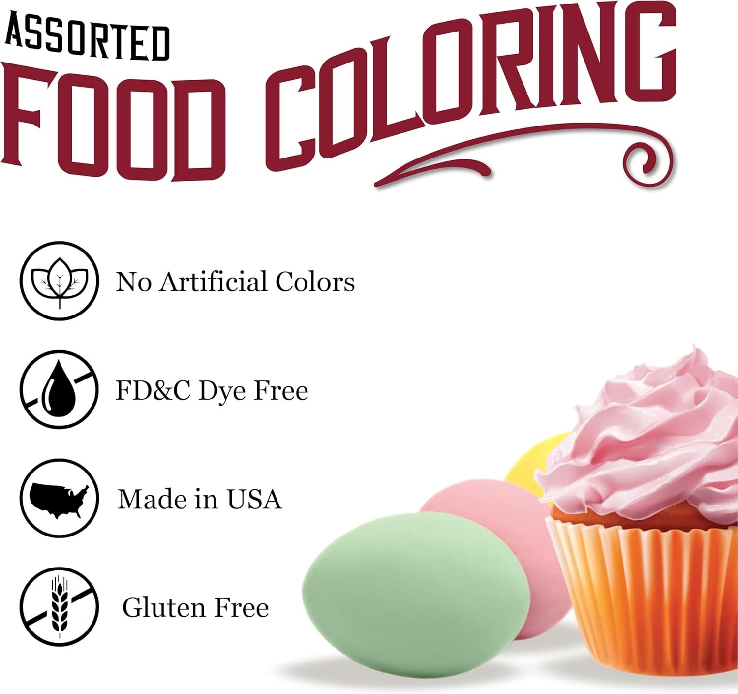 Natural Gluten-Free Food Coloring Set – Red, Yellow, Green, Blue, 3 fl oz Total