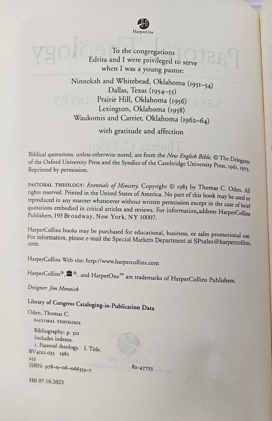 Pastoral Theology Essentials Of Ministry Thomas C. Oden 1983 VTG