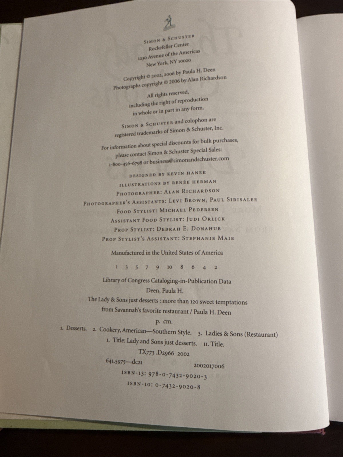 The Lady & Sons Just Desserts Cookbook First Edition, Second Printing Hard Back