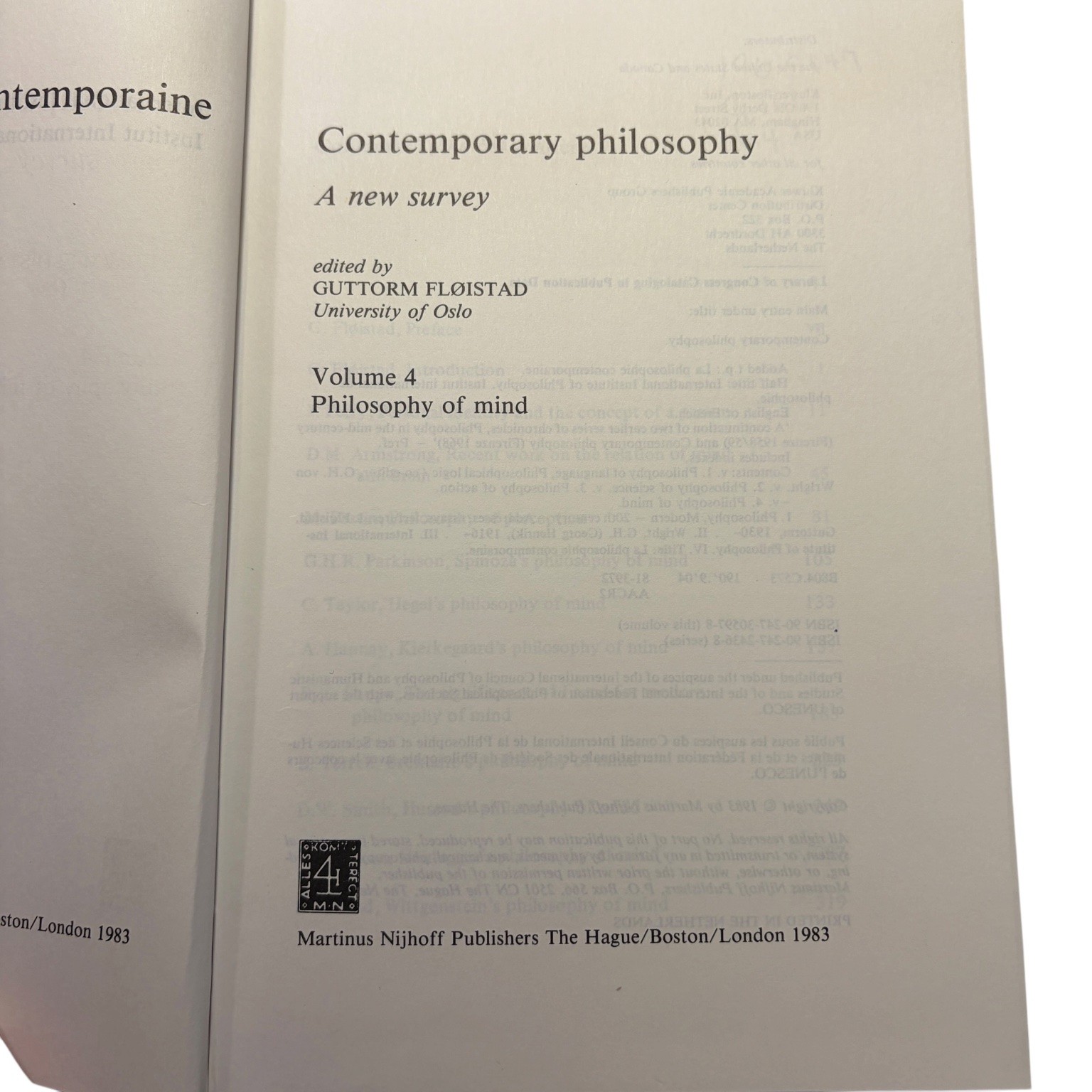 Contemporary Philosophy Volume 4 Philosophy of Mind Fløistad 1983 Nijhoff