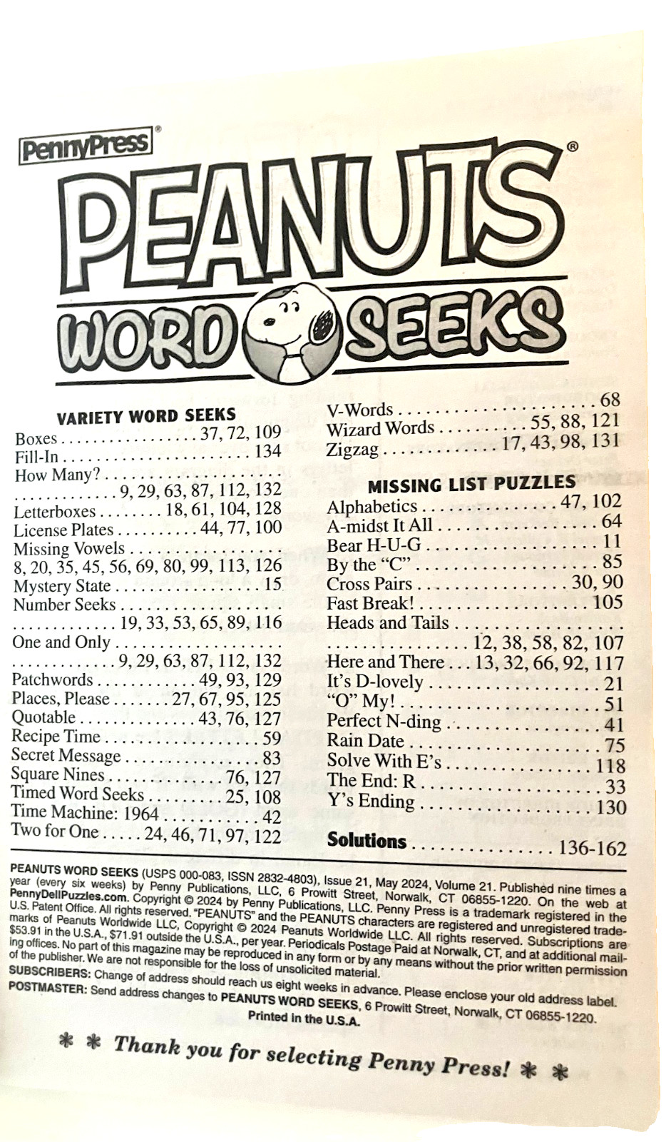 NEW Penny Press PEANUTS Charlie Brown Word Seek Search Puzzle Book Jan 2025