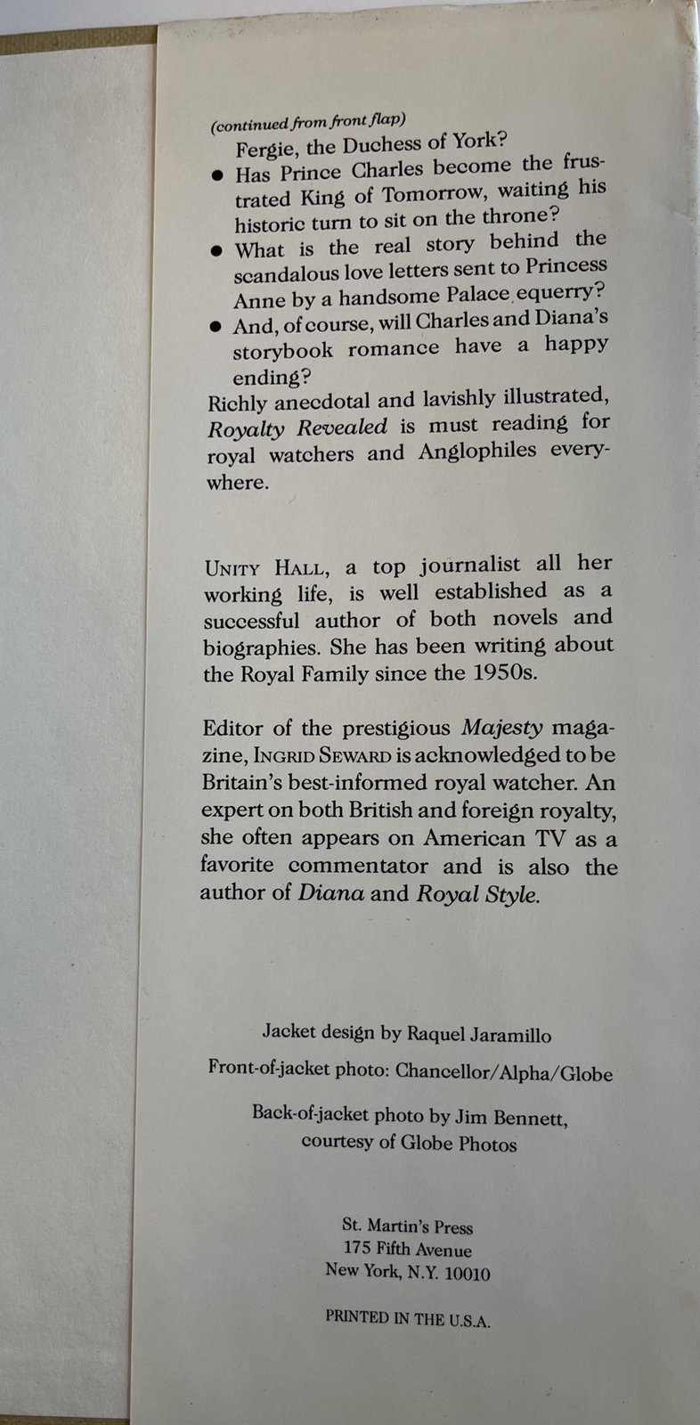 Princess Diana Royalty Revealed Ingrid Seward Unity Hall 1st US Ed Print 1989 HC