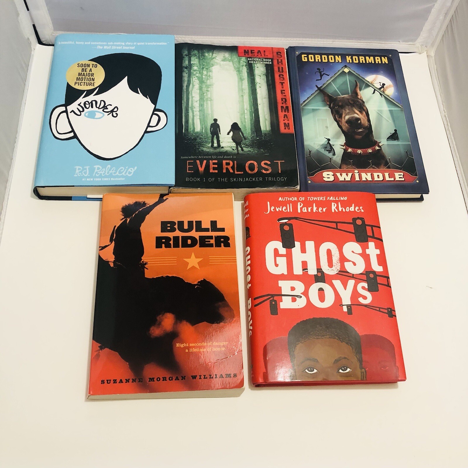Teen Boys Book Lot Of 5 Fiction Wonder, Ever Lost, Swindle, Bull Rider,Ghost Boy