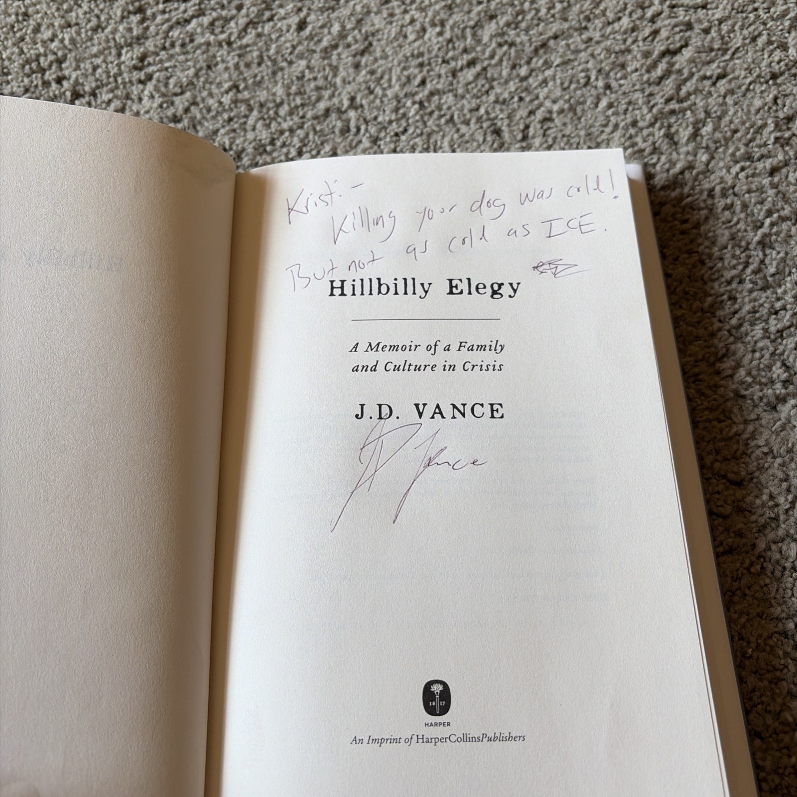 JD Vance Hillbilly Elegy Signed Edition Vice President Book No COA Read Descr.