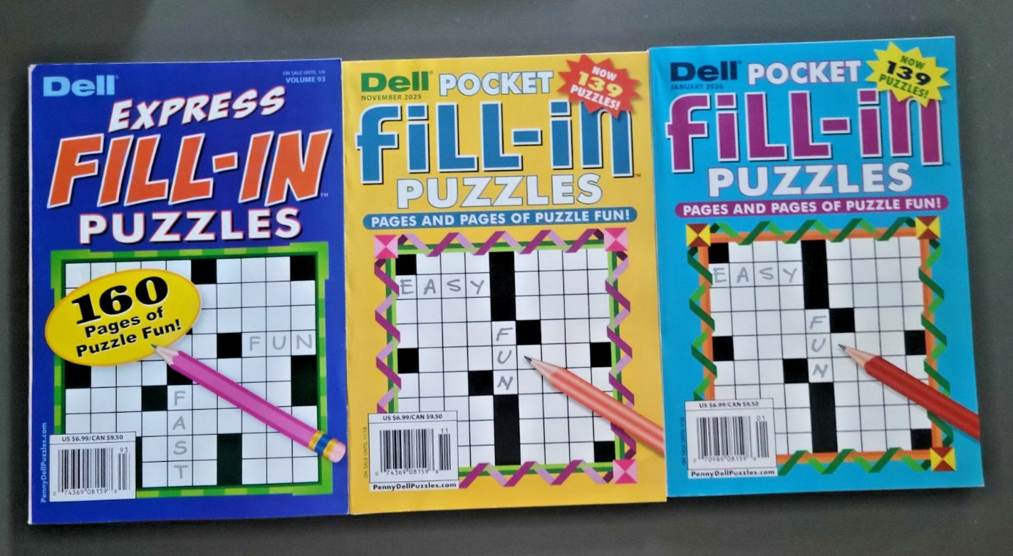 Lot of 3 Fill-In Puzzle Books by Dell- Express & 2 Pocket -400+ Total Challenges